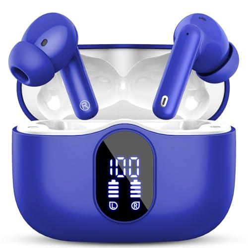 Wireless Earbuds Bluetooth 5.3 Headphones Bass Stereo Ear Buds with Noise Cancelling Mic LED Display in Ear Earphones IP7 Waterproof 36H Playtime for Laptop Pad Phones Sports Workout Blue