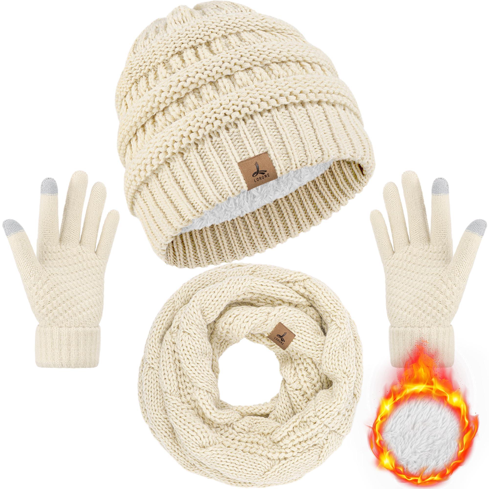         Winter Beanie Hat Scarf Gloves, Warm Fleece Knit Winter Hats Touch Screen Gloves Neck Scarf Set Winter Gifts for Unisex Adult       